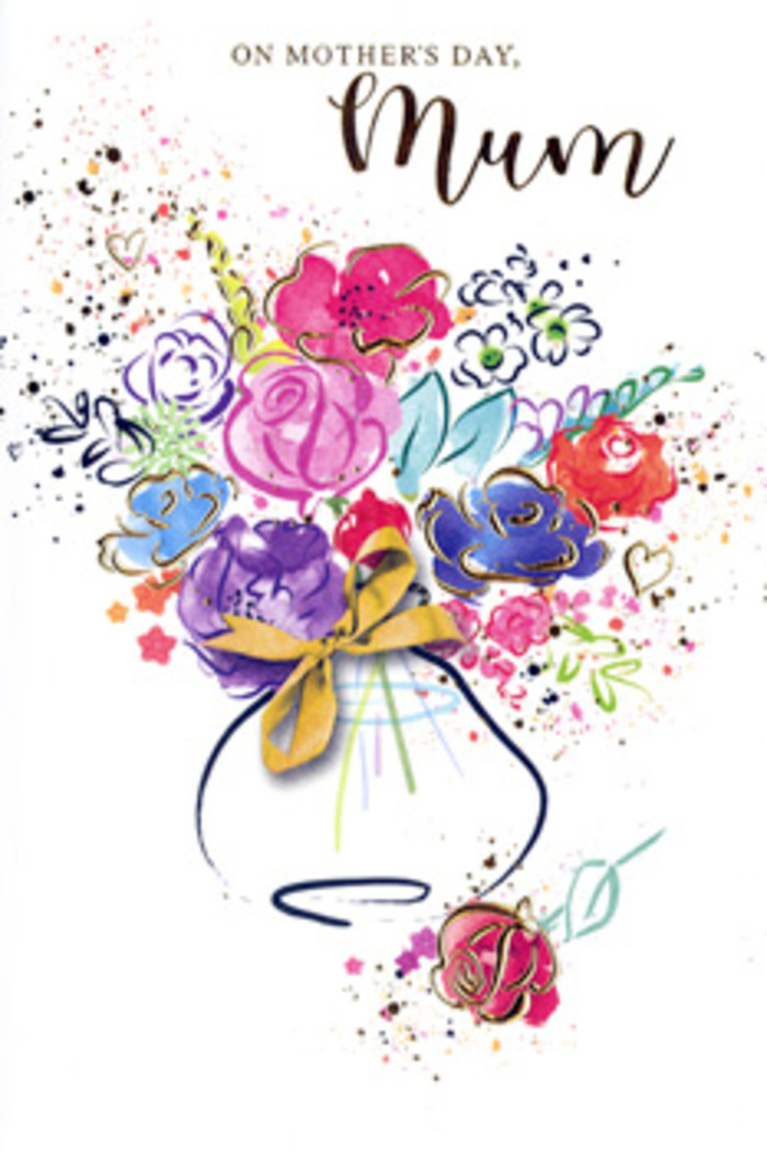 On this expressive Mother's Day card, a vibrant bouquet painted in watercolour takes centre stage, echoing the easy elegance of arrangements crafted by Elmers End florists for local families. At first glance, your eye is drawn to the cluster of deep pink, magenta, and cerise blossoms, their petals edged with fine indigo lines that lend them dimension against the bright, uncluttered background. These central blooms are surrounded by more delicate tones of lavender, muted blue, soft coral, and warm apricot, layered in loose, overlapping strokes that suggest petals and leaves without fastening them into rigid outlines. Subtle hints of green peek through, grounding the composition as if stems and foliage are weaving quietly among the blossoms. Threads of shimmering gold trace certain edges and details, adding a refined gleam that evokes the low, golden light often seen over the rooftops near Elmers End Road in early spring. Beneath the airy explosion of colour, a simple, rounded vase is suggested in pale neutral washes, tied with a slender golden bow that conveys both tradition and care, as though the bouquet has just been finished for delivery across nearby neighbourhoods. Around the main arrangement, sprinkled dots of paint and small hand-drawn hearts drift across the white space, creating a festive, affectionate frame. The mood of the card is hopeful and warm, capturing that familiar Mother's Day feeling of bringing home fresh flowers, setting them down on the kitchen table, and letting their colours speak the words that are sometimes hard to say aloud.