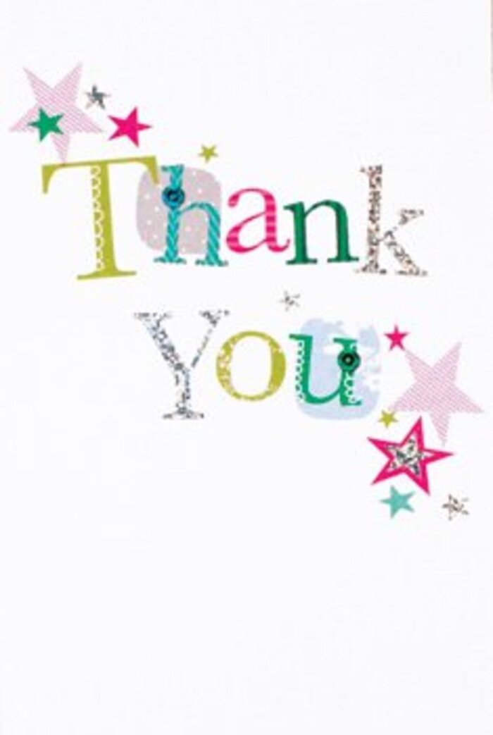 A sense of warm exuberance fills this thank you card, making it the perfect gesture to accompany a bouquet for any Elmers End occasion, from sunny spring afternoons to neighbourly drop-ins near Clock House. The composition is harmonious: each letter of 'Thank You' is distinct, some whimsical with dotted accents and playful curves, others poised in quietly elegant lines, reminiscent of the unique facades seen along Elmers End Road. Colours dazzle-tangy green, saturated pink, cool blue-while stars in sparkling turquoise, pink-striped bursts, and luminous silver cluster close to the message, as though infusing each word with an extra sprinkling of cheer. The use of pure white for the background lends a modern, sophisticated air, underscoring the heartfelt warmth of the design. This card would nestle perfectly alongside a thoughtfully created bouquet from a local florist, radiating gratitude that feels at once uplifting and sincere. The artistry-neither ostentatious nor formal-makes it universally inviting, much like the genuine welcomes shared within the Elmers End neighbourhood.