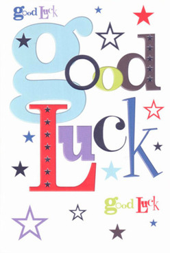This good luck card appears like a little celebration on paper, the kind of finishing touch you might add to a congratulatory bouquet being delivered around Elmers End or down towards Beckenham. Dominating the design is the phrase "Good Luck," each letter treated as its own playful character. A large baby-blue "g" loops confidently across the top, immediately setting a light-hearted, optimistic tone. The remaining letters alternate between bold red, mossy green, midnight black, and deep violet, creating a harmonious yet dynamic mix that feels both joyful and reassuring-like friends gathered around to cheer you on. Scattered across the crisp white background are stars in all shapes and sizes: inky navy dots, soft lavender bursts, and indigo or sky-blue outlines that look as though they've been sprinkled by hand. Some stars are solid and assertive, others faint and whisper-like, hinting at possibilities still forming, much like the quiet hopes people share as they walk past the shops on Elmers End Road. The card stock itself appears smooth, almost velvety in its even finish, promising a satisfying firmness when held, not flimsy or glossy. There's no clutter, just careful spacing that lets each letter breathe, giving the message an easy, confident clarity. It's an ideal card for milestones-a new chapter at work, final exams, a house move-offering more than just words. Visually, it holds that sense of poised excitement you feel just before something wonderful begins, a simple but heartfelt emblem of support ready to accompany fresh flowers or a thoughtful gift.
