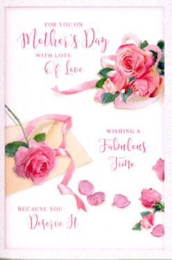 This Mother's Day card is composed like a dreamy tabletop still life you might see in a home near Elmers End station, where someone has carefully laid out flowers and a handwritten note for Mum. At the centre and trailing toward the corners, lush pink roses bloom in relaxed clusters, their petals rendered with remarkable softness. Shades of blush, rose, and petal pink blend together, giving each flower a natural, garden-fresh look, as if they were just gathered from a nearby park and placed gently on the card. The petals are full and slightly ruffled at the edges, hinting at a tactile, velvety feel. Scattered lightly across the pale, creamy background, individual petals lie in a seemingly spontaneous pattern, suggesting the gentle fall of petals when a real bouquet is handled with care. This scattering creates a feeling of movement and memory, like a trail of small moments that together tell a larger story of motherhood. Soft, even lighting brightens the artwork without glare, illuminating the subtle colour variations and casting only the faintest shadows, much like natural daylight spilling through a window on a quiet Sunday morning. Elegant, sweeping calligraphy arcs through the design, carrying a warm Mother's Day greeting written in a style that feels personal and heartfelt. The script intertwines visually with the roses, almost as if the words themselves were blooming from the flowers. A delicate ribbon winds through parts of the composition, echoing the skilled hands of a florist at work in Elmers End, tying the final bow on a bouquet that will be delivered to a cherished mum. Together, these elements evoke tenderness, appreciation, and a sense of peaceful celebration.