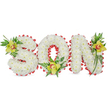 A lovingly sculpted, three-dimensional floral tribute spells the word SON in bold capital letters, each letter formed from a dense carpet of small, pristine white chrysanthemum blooms that give the shapes a cloud-like softness and a respectfully quiet presence. Around the perimeter of every letter a scalloped band of vivid red ribbon has been worked in, the ribbon looped and folded to create a crisp, rhythmic edge that frames the snowy petals and introduces a spare, dignified pop of colour. At focal points on the composition three lime-green Cymbidium orchids sit like gentle beacons: one tucked into the upper left curve of the S, another cradled at the base of the O, and a final orchid seated toward the upper right of the N. Each orchid carries a subtle pale orange to reddish-brown marking at its throat and a smooth, waxy texture that contrasts with the matt softness of the chrysanthemums. Interspersed among the letters are graceful sprays of glossy green leaves and fine fern fronds that add height, natural movement and a breathing, organic line to the otherwise sculpted forms. The arrangement sits against a clean white backdrop under soft, even lighting that highlights both the sculptural shadows and the delicate tonal shifts between white, green and red. Designed as a personalized funeral or graveside tribute for a beloved son, the piece balances solemnity with tenderness and shows careful florist craftsmanship. For families in Elmers End and neighbouring South Norwood, this composition reads as a hand-crafted, heartfelt memorial that speaks of love, remembrance and quiet honour.